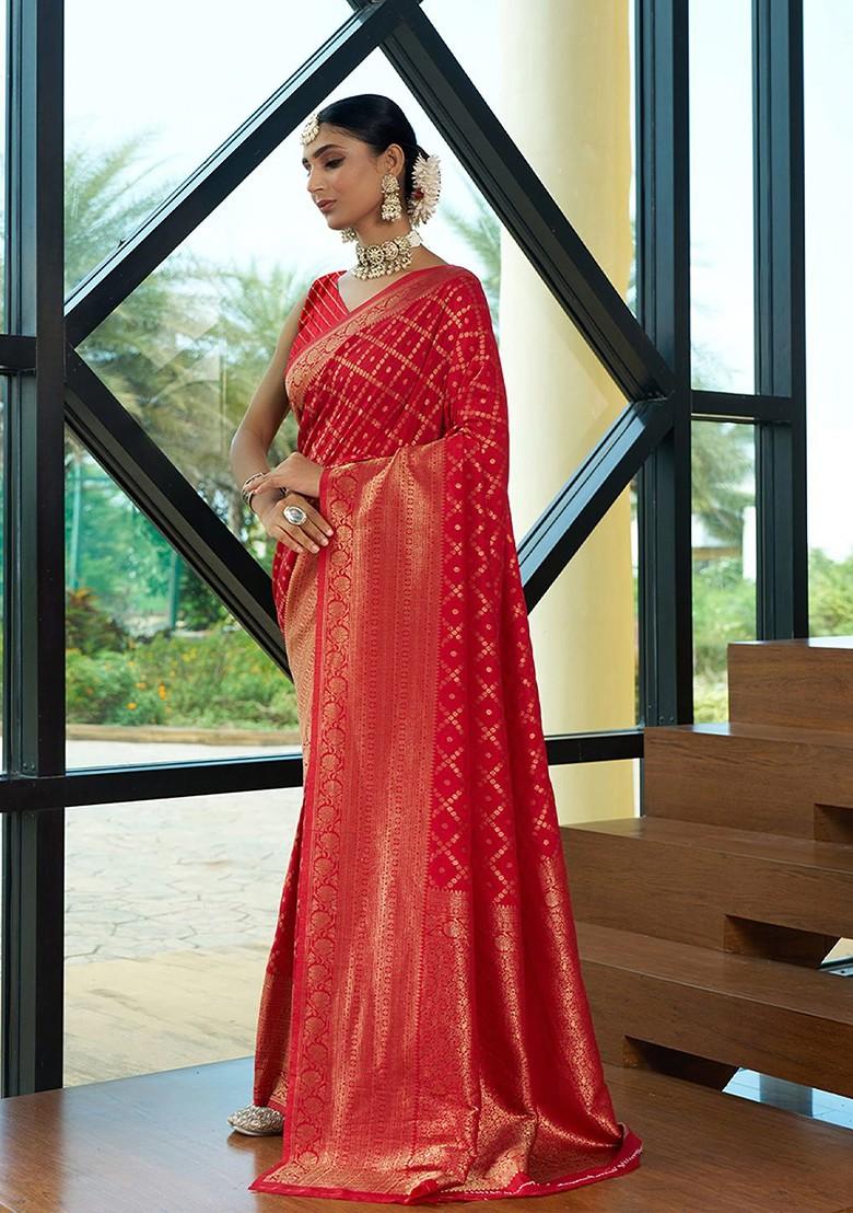 Red Zari Crepe Saree Set