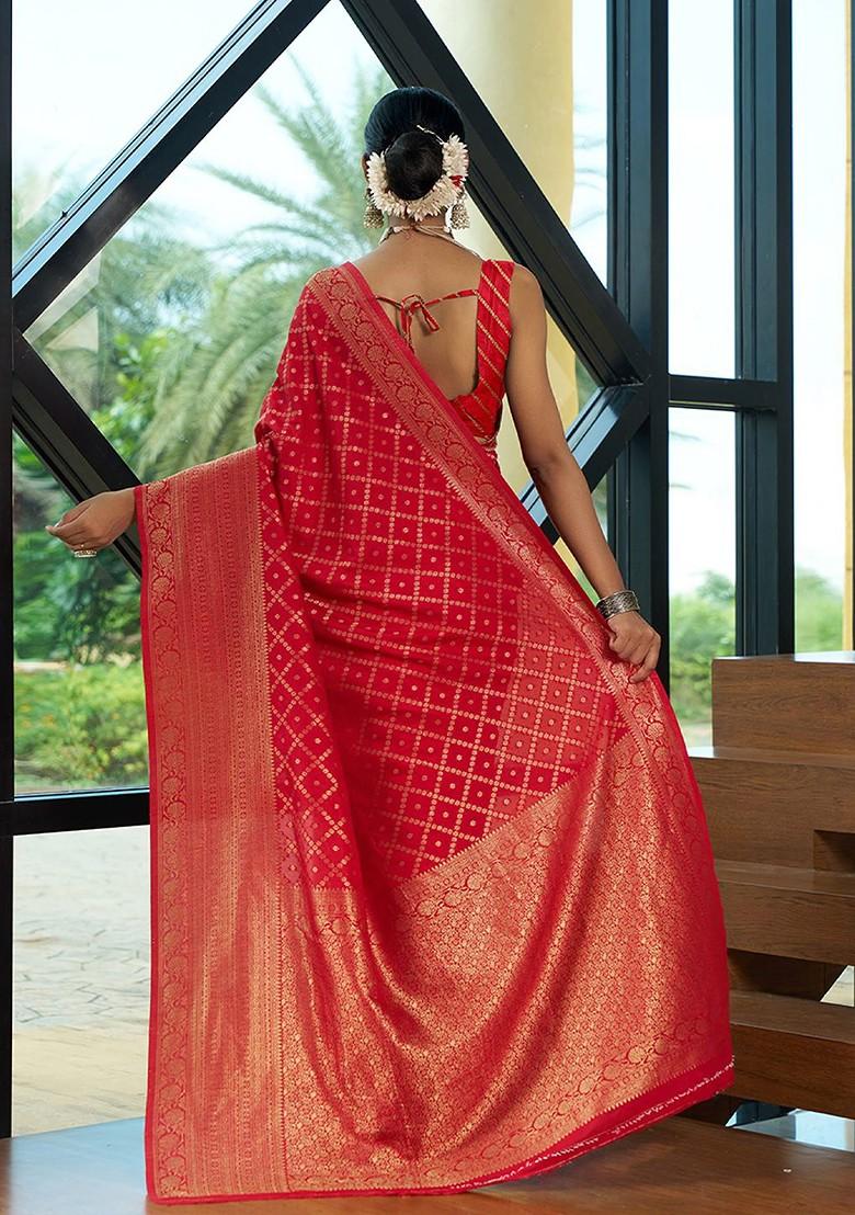 Red Zari Crepe Saree Set
