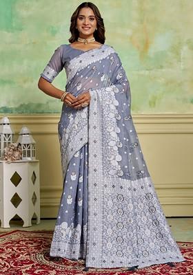 Grey Zari Cotton Saree Set