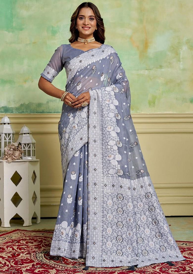 Grey Zari Cotton Saree Set