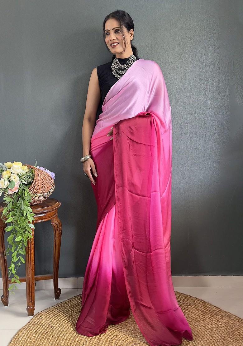 Pink Embroidered Crepe Saree Set
