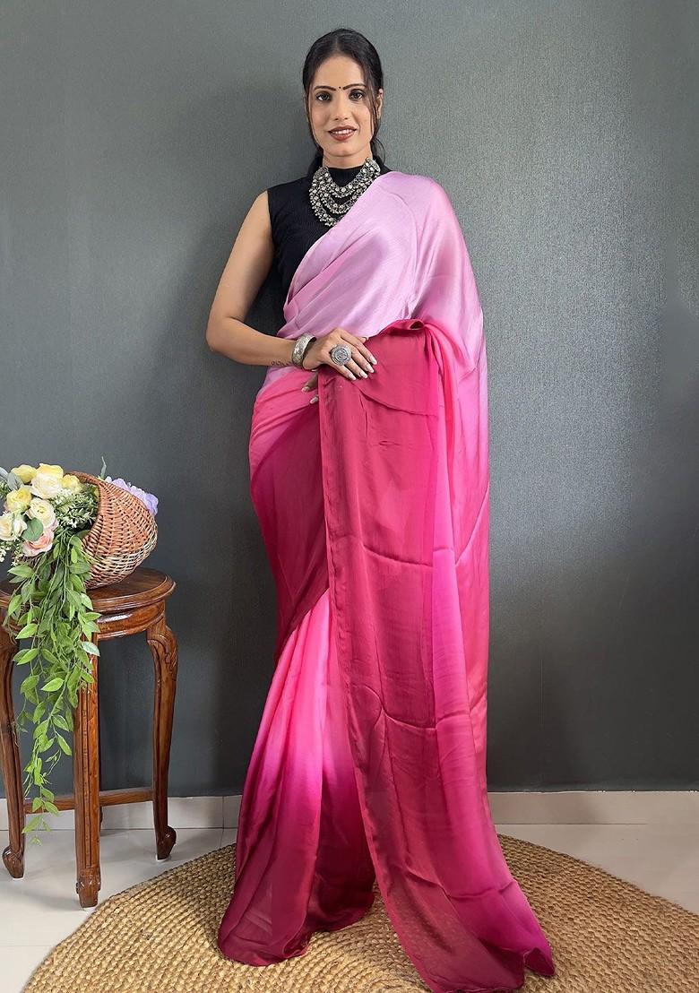 Pink Embroidered Crepe Saree Set