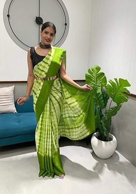 Green Tie And Dye Poly Blend Saree Set
