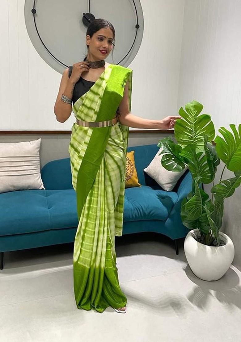 Green Tie And Dye Poly Blend Saree Set