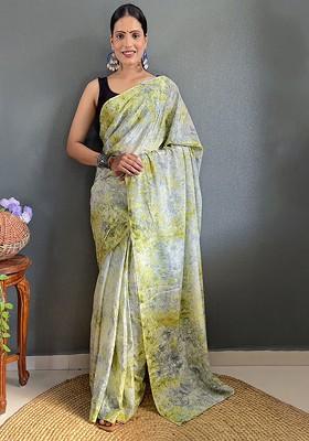 Green Floral Printed Chiffon Saree Set