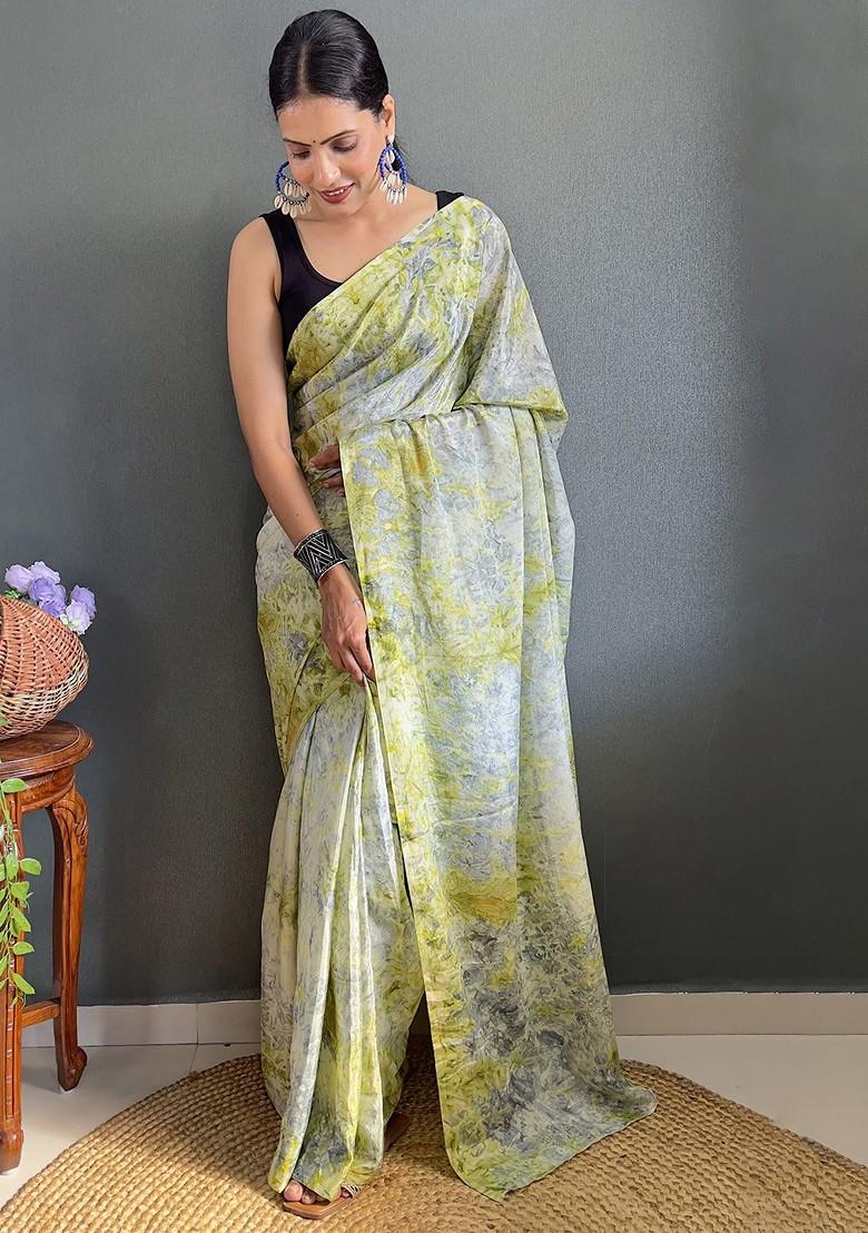 Green Floral Printed Chiffon Saree Set