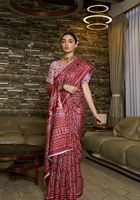 Maroon Ajrak Print Silk Saree Set
