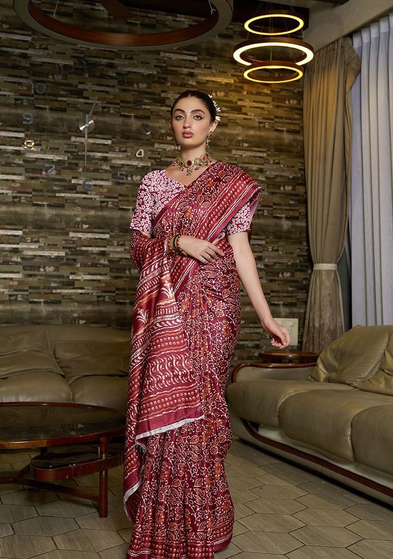 Maroon Ajrak Print Silk Saree Set
