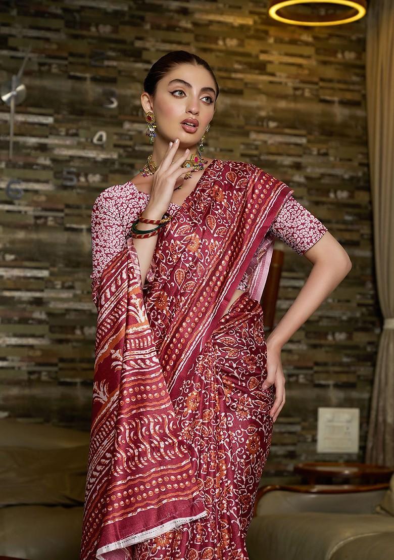 Maroon Ajrak Print Silk Saree Set