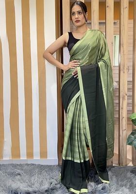 Green Block Print Chiffon Saree Set