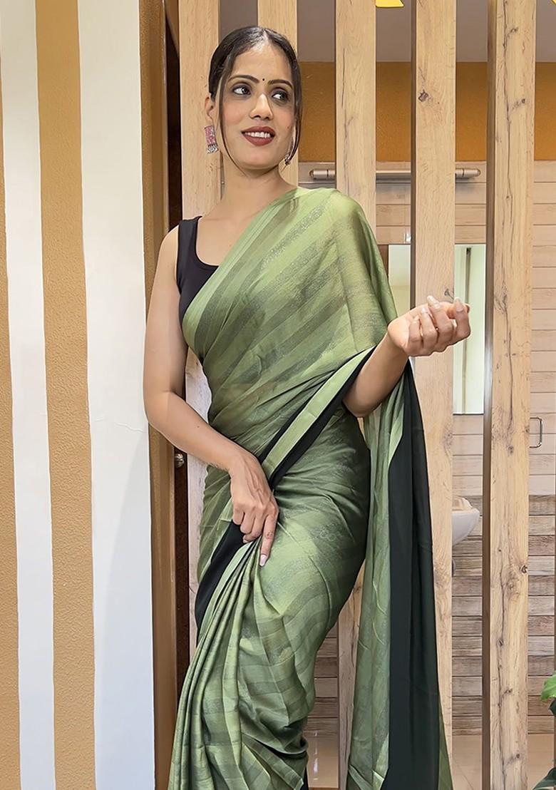 Green Block Print Chiffon Saree Set