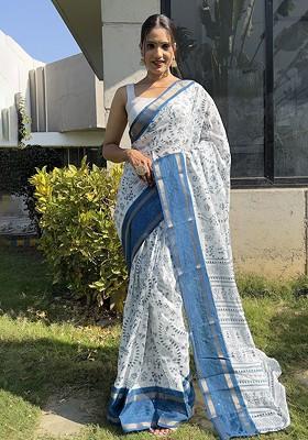 White Embroidered Silk Saree Set