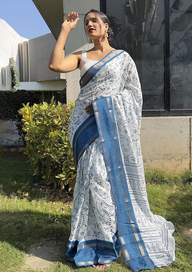White Embroidered Silk Saree Set