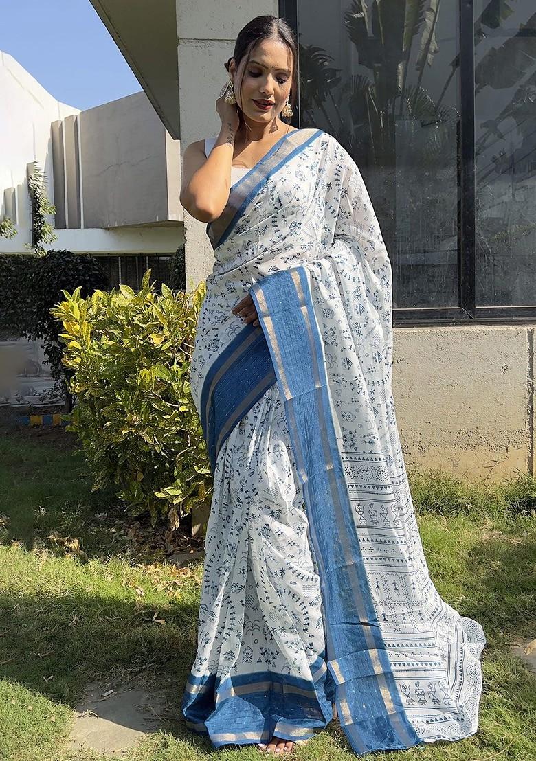 White Embroidered Silk Saree Set