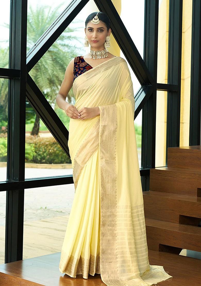 Yellow Zari Crepe Saree Set