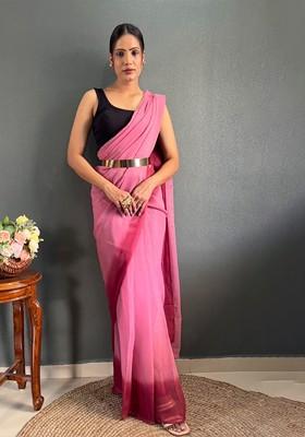 Pink Embroidered Crepe Saree Set