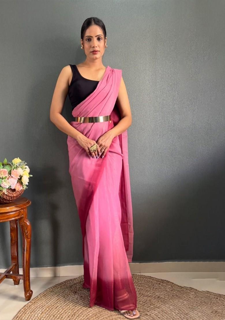 Pink Embroidered Crepe Saree Set