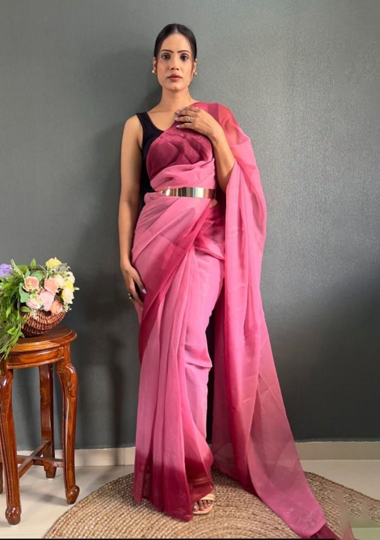 Pink Embroidered Crepe Saree Set