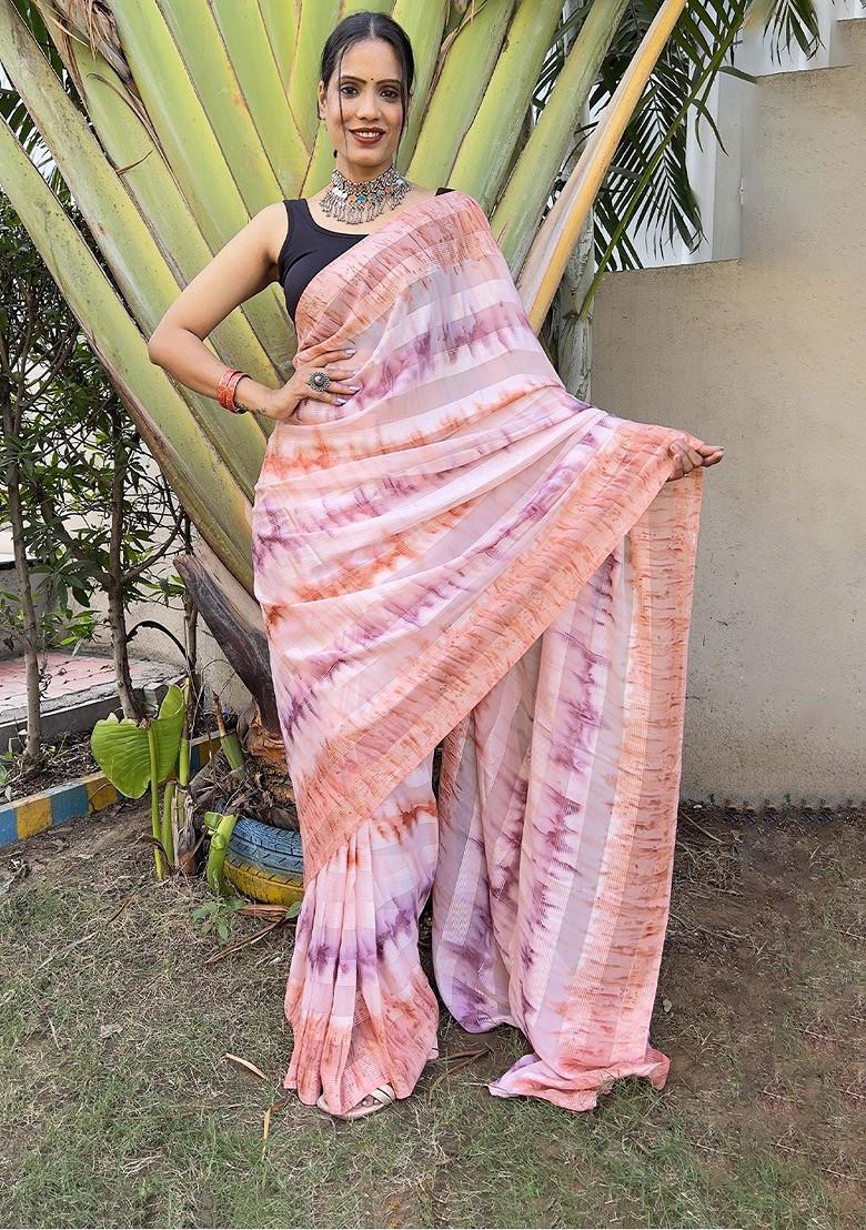 Peach Tie And Dye Chiffon Saree Set