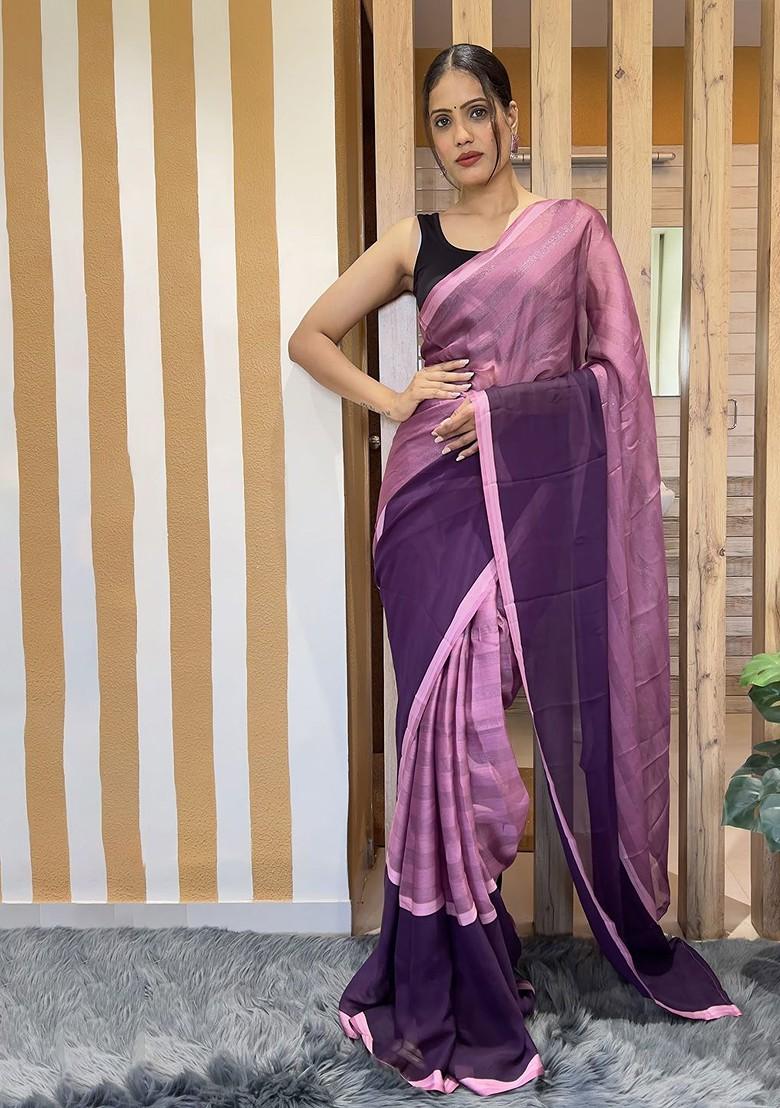 Purple Embroidered Chiffon Saree Set