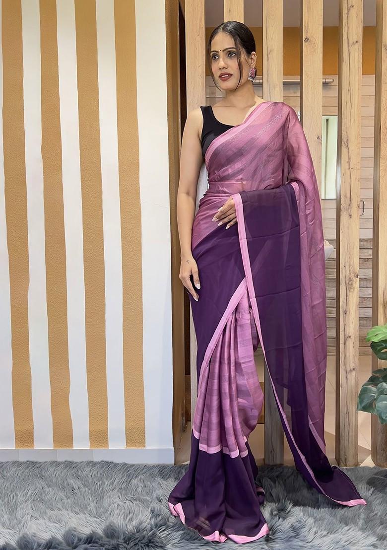Purple Embroidered Chiffon Saree Set