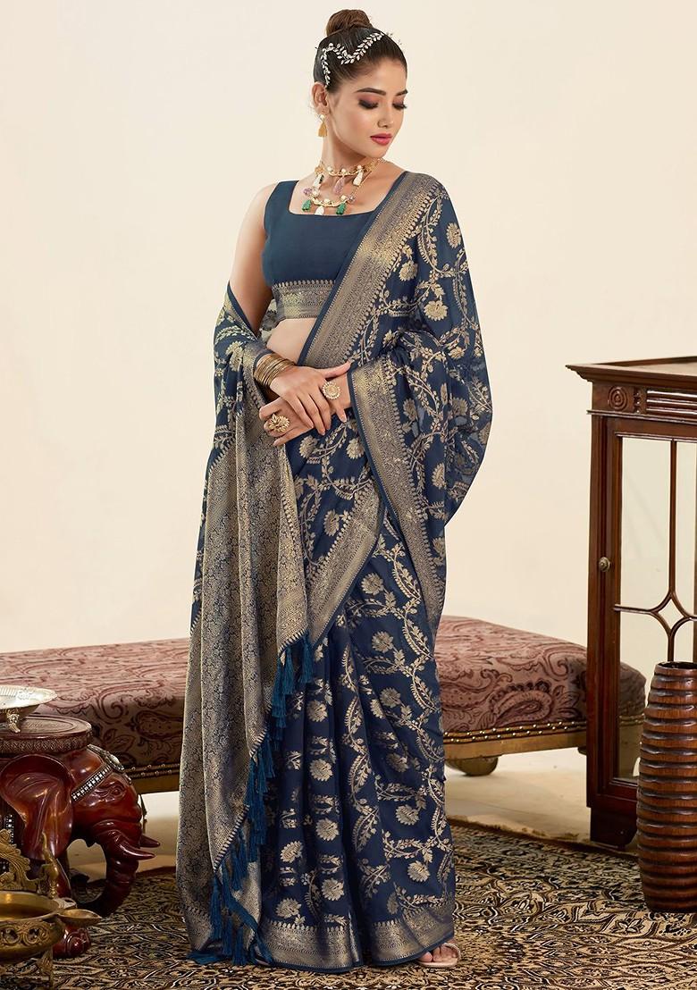 Grey Zari Georgette Saree Set
