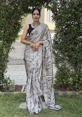 Grey Abstract Print Satin Saree Set