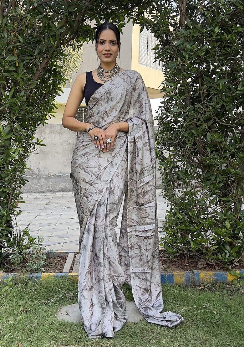 Grey Abstract Print Satin Saree Set