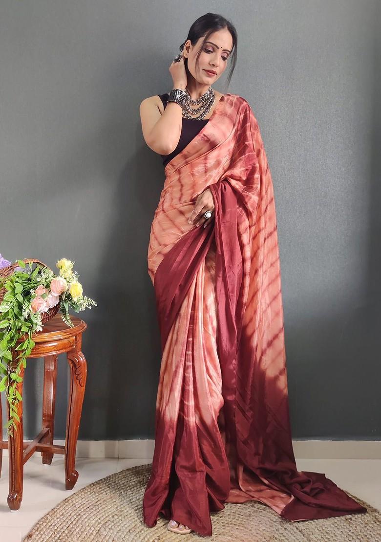Maroon Tie And Dye Poly Blend Saree Set