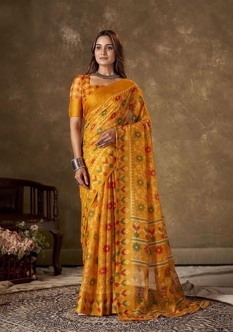 Yellow Embroidered Cotton Saree Set