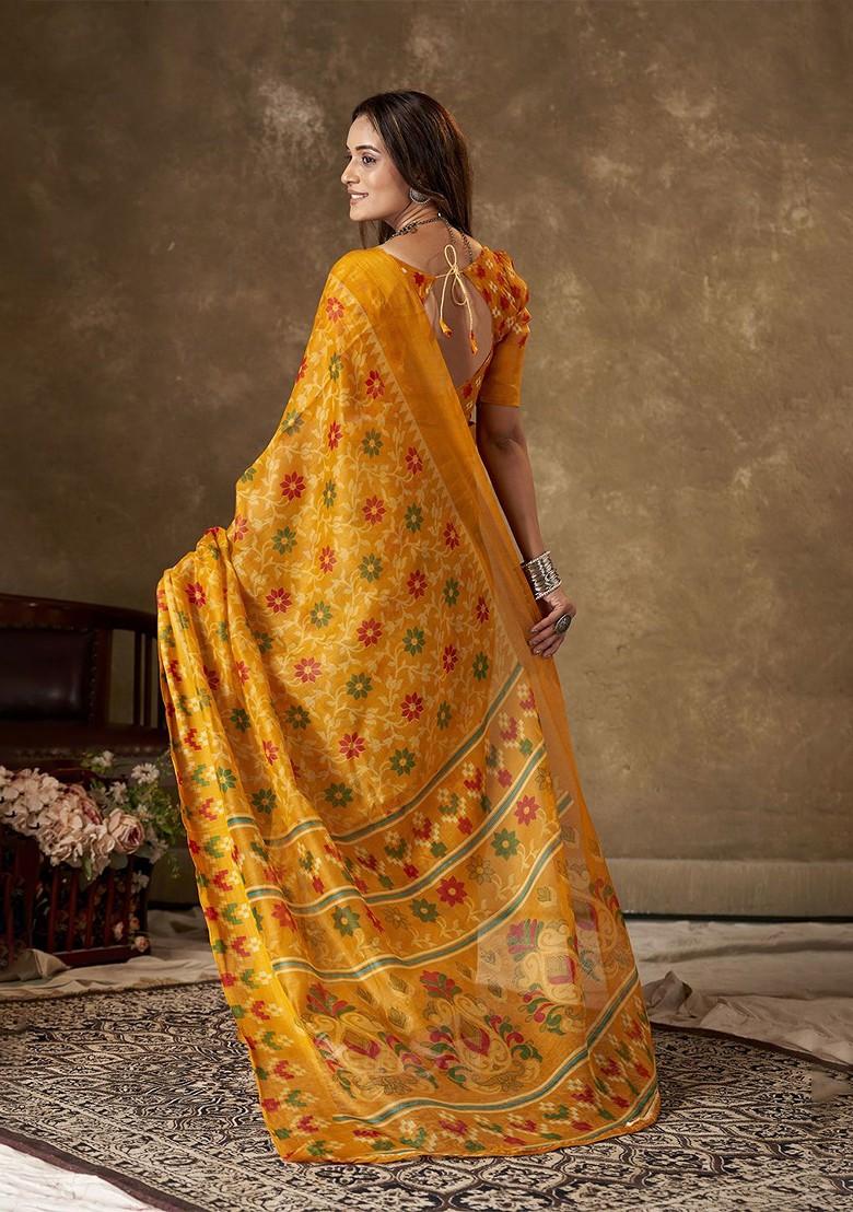 Yellow Embroidered Cotton Saree Set