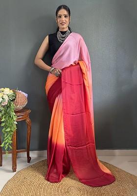 Red Embroidered Crepe Saree Set