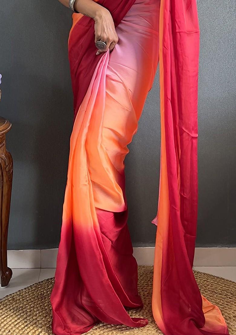 Red Embroidered Crepe Saree Set