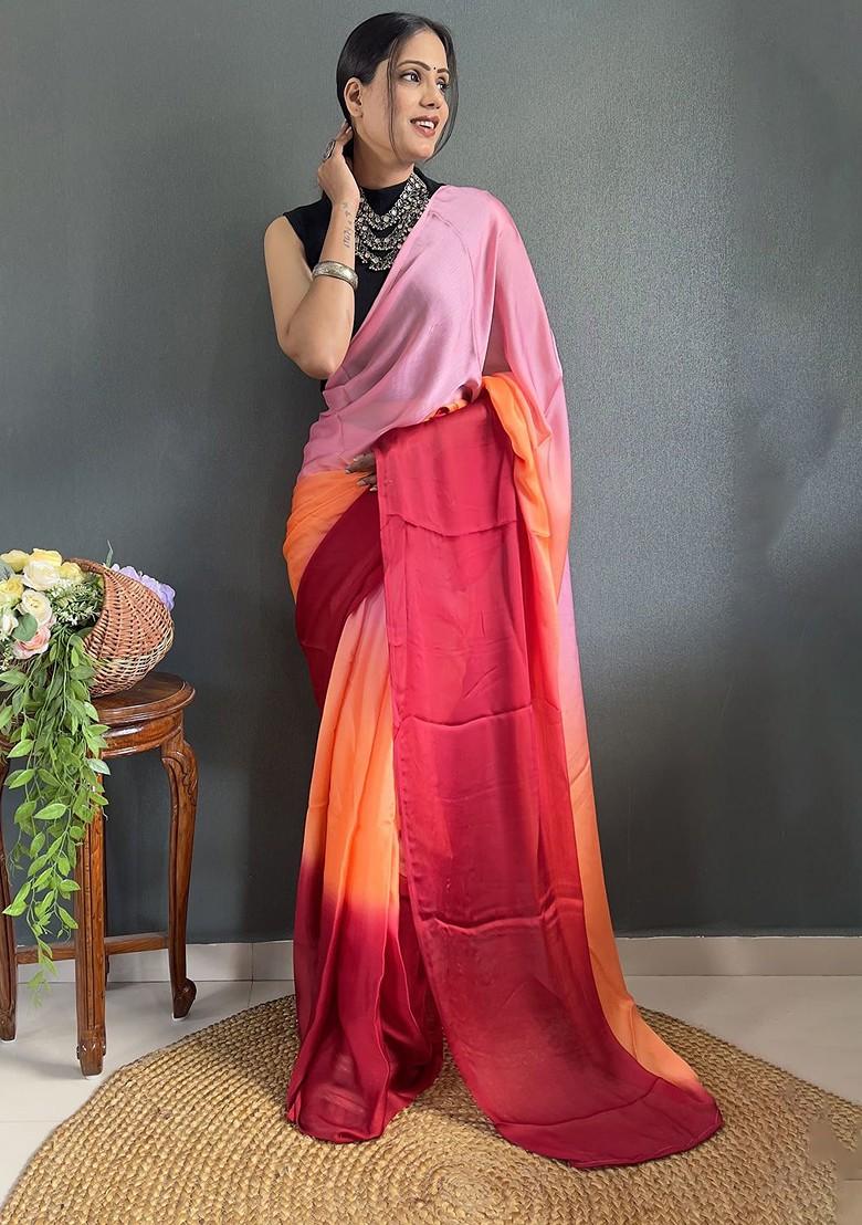 Red Embroidered Crepe Saree Set