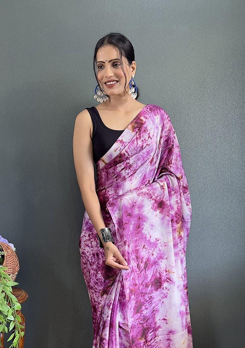 Purple Floral Printed Chiffon Saree Set