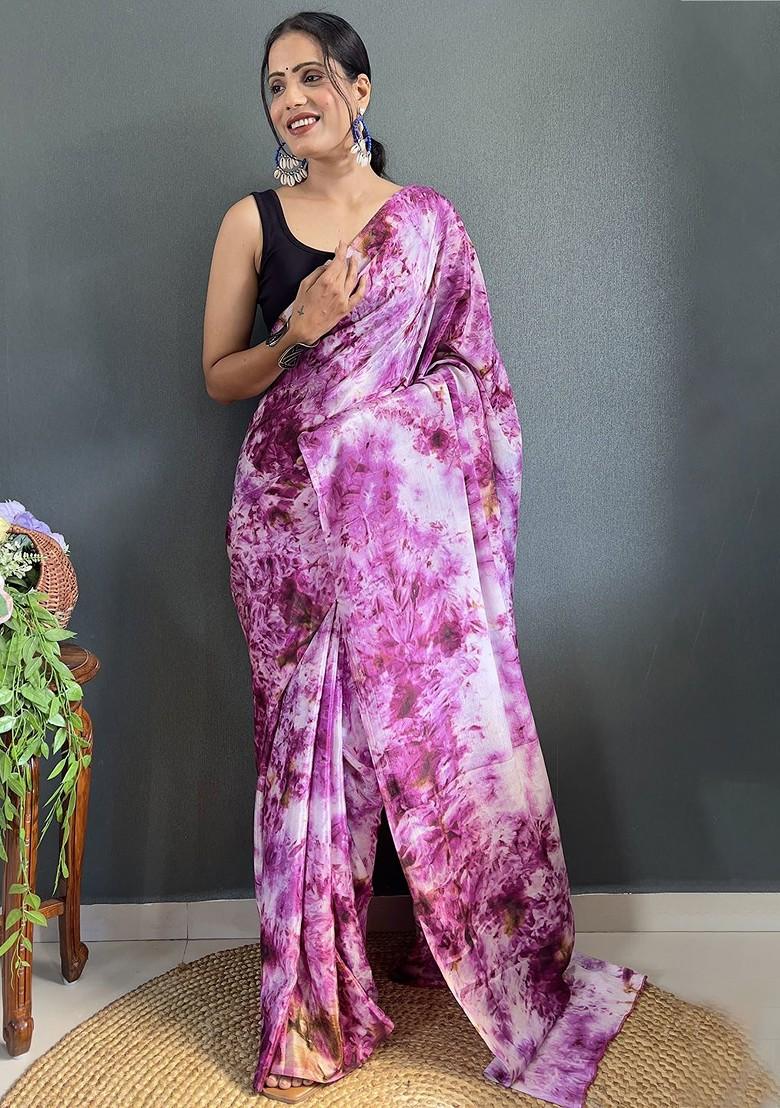 Purple Floral Printed Chiffon Saree Set