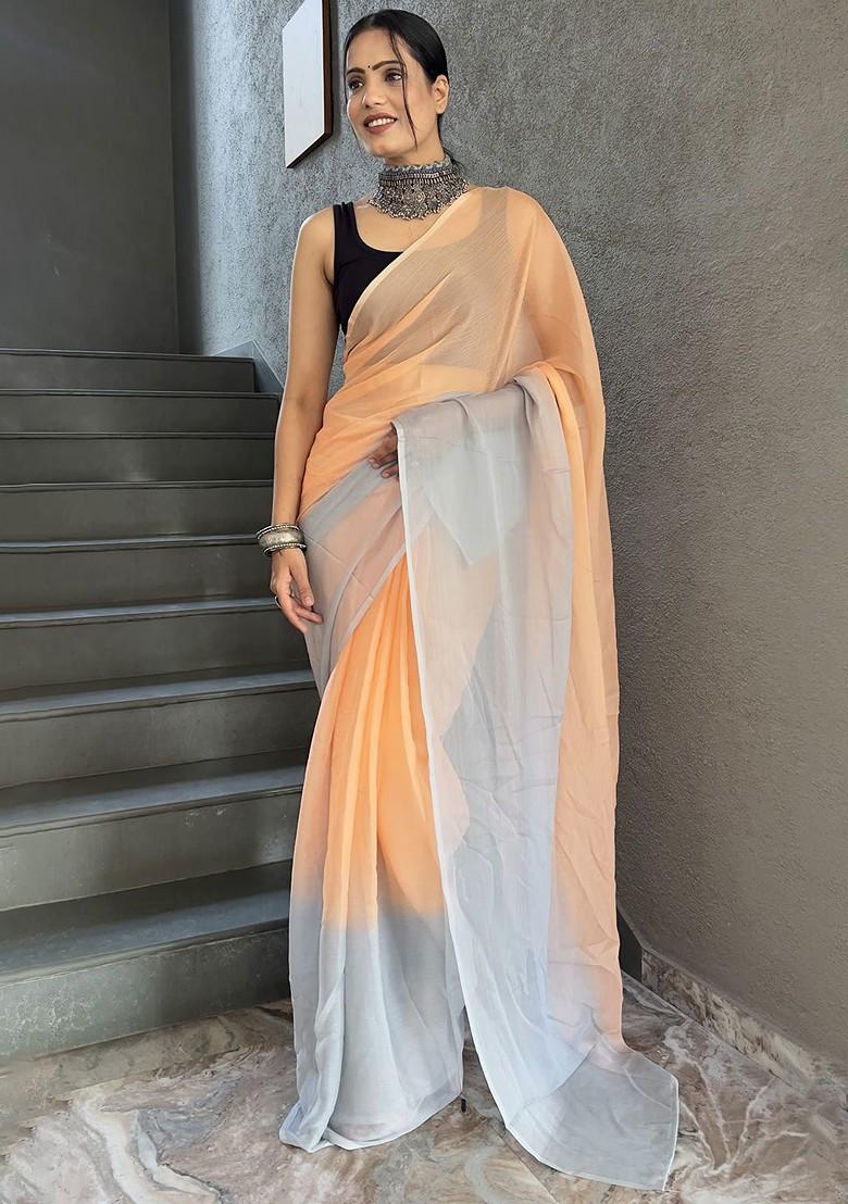 Orange Embroidered Chiffon Saree Set