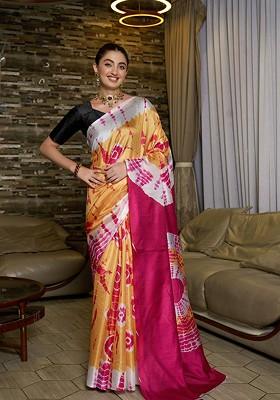 Yellow Tie And Dye Silk Saree Set