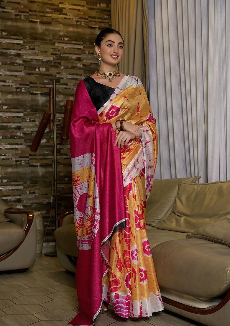 Yellow Tie And Dye Silk Saree Set