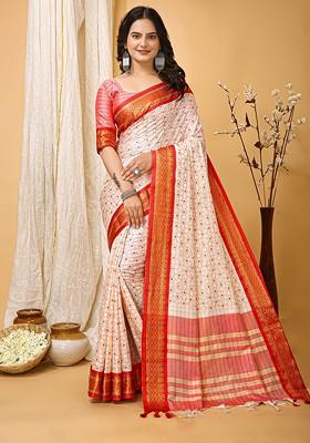 White Zari Cotton Saree Set