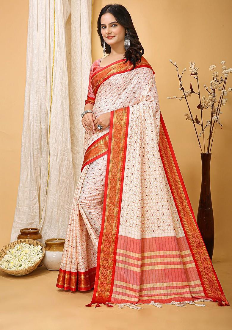 White Zari Cotton Saree Set
