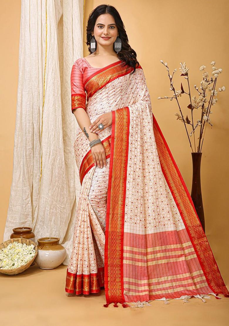 White Zari Cotton Saree Set