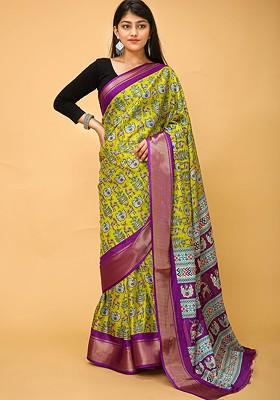 Yellow Kalamkari Kanjeevaram Silk Saree Set