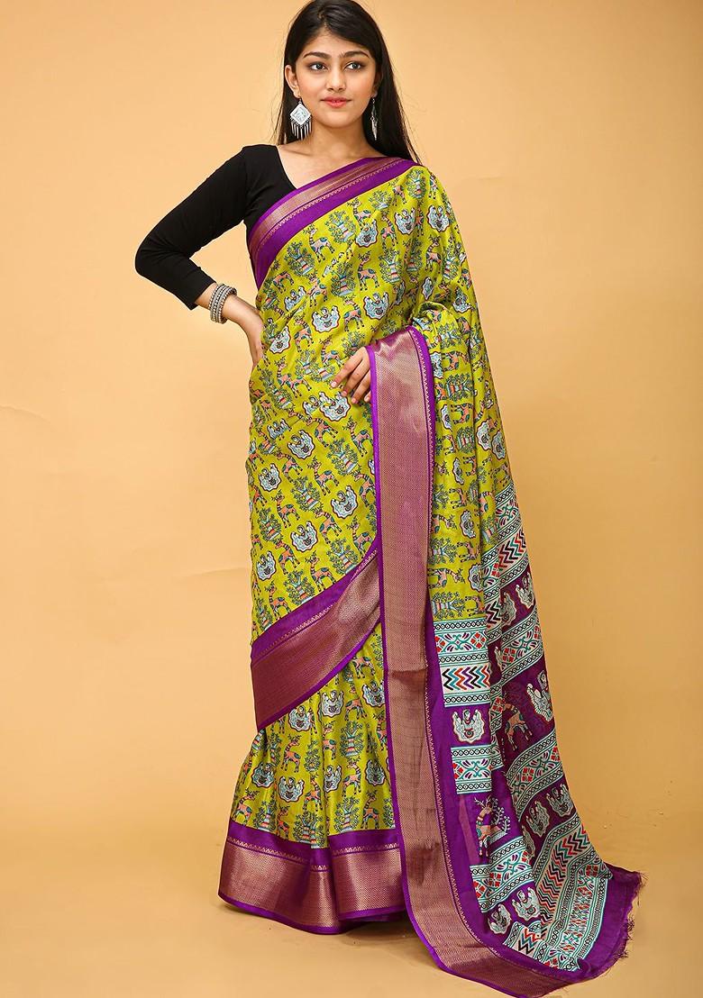 Yellow Kalamkari Kanjeevaram Silk Saree Set