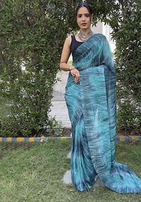 Blue Embroidered Chiffon Saree Set