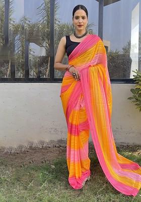 Orange Striped Chiffon Saree Set