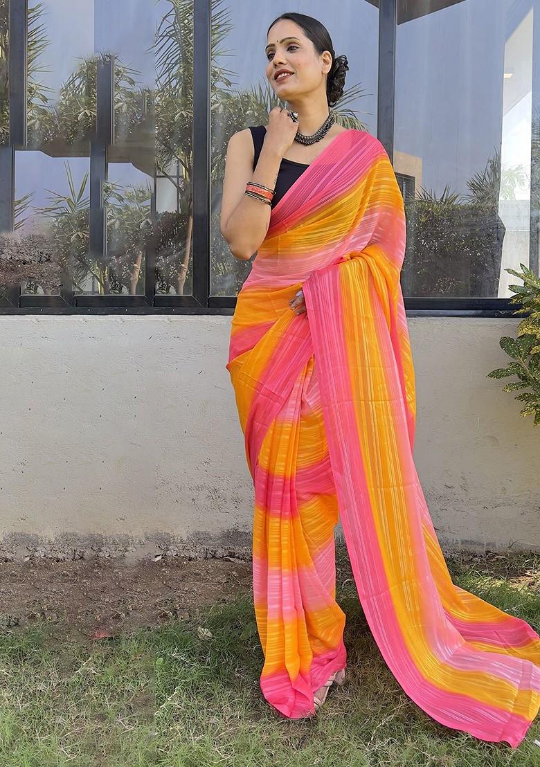 Orange Striped Chiffon Saree Set