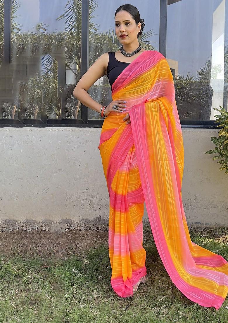 Orange Striped Chiffon Saree Set