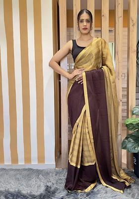 Yellow Striped Chiffon Saree Set