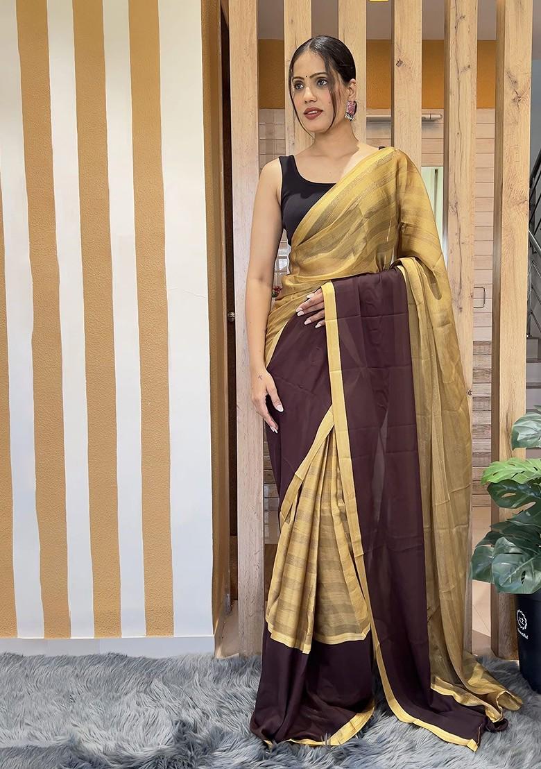 Yellow Striped Chiffon Saree Set